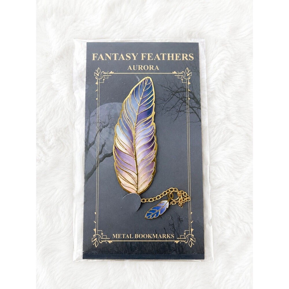 Fantasy Feathers Aurora Metal Feather Bookmark w/ Chain, Gold Blue Purple, 8cm